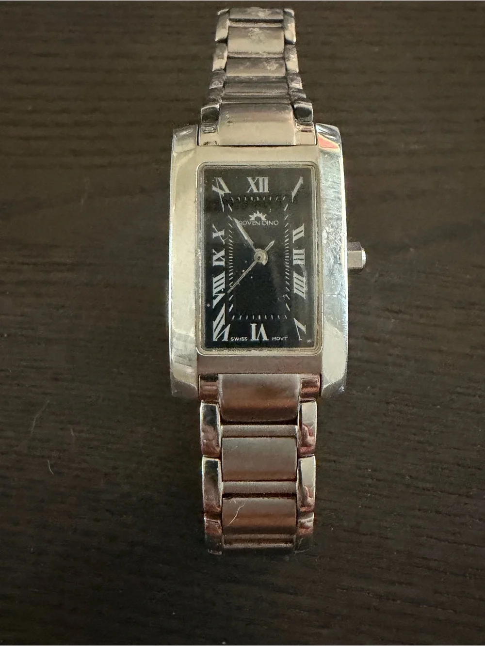 Roven Dino Rectangular Quartz Watch Black Dial Silver Bracelet, model no. 6006L